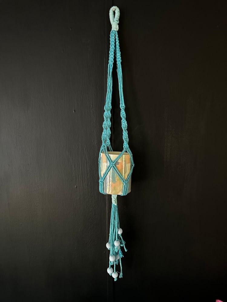 Blue plant hanger with pot